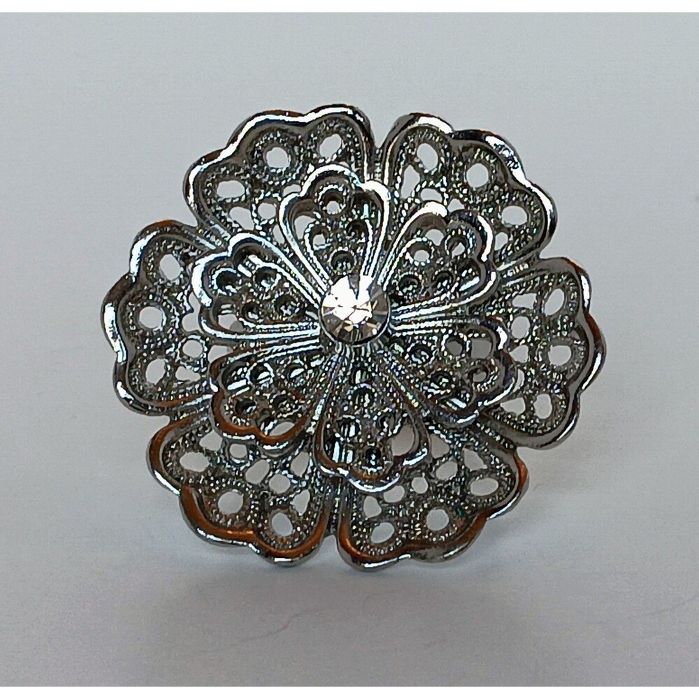Silvertone Filagree Rhinestone Flower Ring Size 9